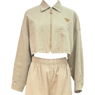Prada Beige Cotton Cropped Jacket & Wide-Leg Trouser Co-Ord Set