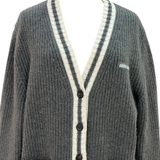 Miu Miu Charcoal Grey Oversized Rib-Knit Logo Cardigan