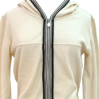 Chanel Ivory Cashmere Hooded Zip-Up Cardigan With Striped Trim FR 38