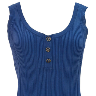 Chanel Cobalt Blue Ribbed Sleeveless Knit Top With CC Buttons IT 40