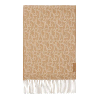 Burberry Camel & Ivory TB Monogram Cashmere Fringed Scarf 210cm x 50cm Made in Scotland