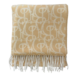 Burberry Camel & Ivory TB Monogram Cashmere Fringed Scarf 210cm x 50cm Made in Scotland