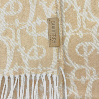 Burberry Camel & Ivory TB Monogram Cashmere Fringed Scarf 210cm x 50cm Made in Scotland