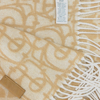 Burberry Camel & Ivory TB Monogram Cashmere Fringed Scarf 210cm x 50cm Made in Scotland
