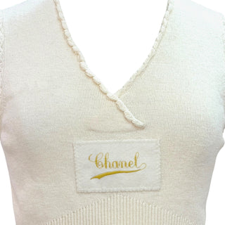 Chanel Ivory Wool Knit Logo Patch Tank Top