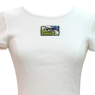 Chanel White Cotton Ribbed T-Shirt with Sequin Logo Patch