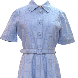 Gucci Light Blue GG Monogram Belted Midi Dress