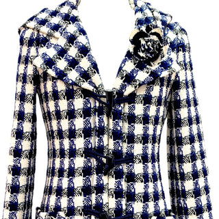 Chanel Blue & White Check Tweed Hooded Coat with Camellia Brooch