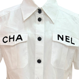 Chanel White Logo Pocket Cropped Short Sleeve Shirt