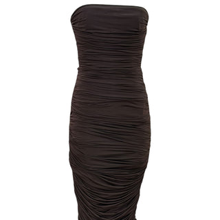 Alex Perry Chocolate Brown Ruched Strapless Maxi Dress with Opera Gloves