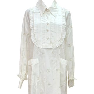 Chanel Ivory Silk CC Embroidered Ruffle Maxi Dress