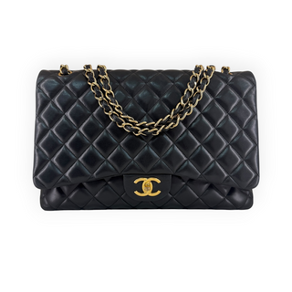 Chanel Black Quilted Lambskin Maxi Classic Double Flap Bag with Gold Hardware