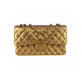 Chanel Metallic Gold Medium Classic Double Flap Lambskin Leather Bag
