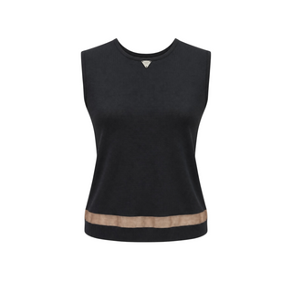 Chanel Black Sleeveless Knit Top with Beige Sheer Trim