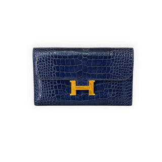 Hermès Blue Crocodile-Effect Leather Constance H Clasp Wallet with Gold Hardware