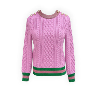 Gucci Pink Cable Knit Wool Sweater with Green Striped Trim and Pearl Buttons