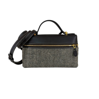 Loro Piana Black Leather and Grey Herringbone Extra Pocket Shoulder Bag with Gold Hardware