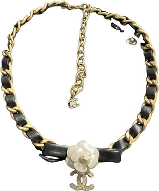 Chanel Gold Camellia Leather Necklace