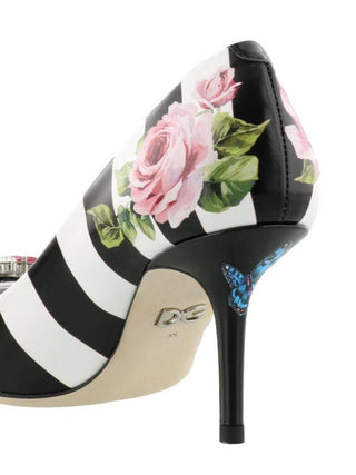 Dolce & Gabbana Rose Print Stripped Leather Pumps