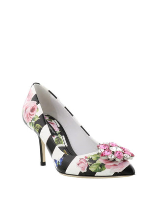Dolce & Gabbana Rose Print Stripped Leather Pumps