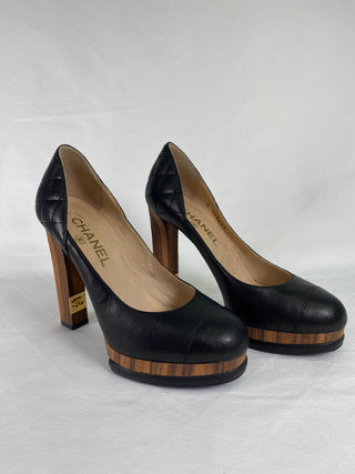 Chanel Black Quilted Leather Cap Toe Block Heel Pumps