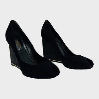 Louis Vuitton Black Suede Peep Toe Wedge